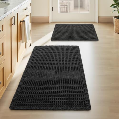 Upgraded Waffle Bath Mat Set of 2 Absorbent Bathroom Mat 17"x24" + 18"x30" - color: Black, size: 17" x 24" + 18" x 30"