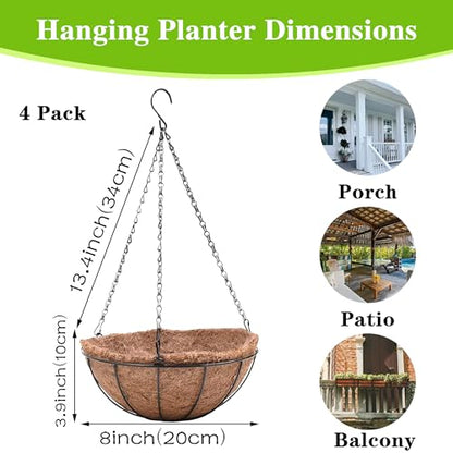 EIMQUVW 4 Pack Hanging Planter Basket with Coco Coin Liner 8 inch Hanging Flower Pots Outdoor Decorative Round Wire Plant Holder with Chain Metal Hanging Baskets for Plants Outdoor