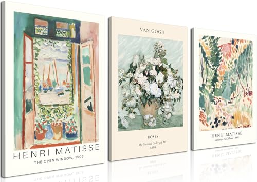 Framed Green Vintage Canvas Wall Art Set of 3 - Van Gogh Abstract Rose Pictures Wall Decor, Mid Century Modern Matisse Artwork Paintings Prints for Living Room Bedroom Bathroom 12x16 inch - color: Sage Green, size: 16"L x 12"W
