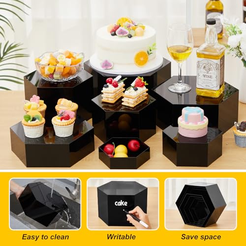Leinuosen 7 Pcs Large Acrylic Buffet Risers, 6-12" Hexagonal, Black - color: Black, size: 6" to 12", style: Hexagonal
