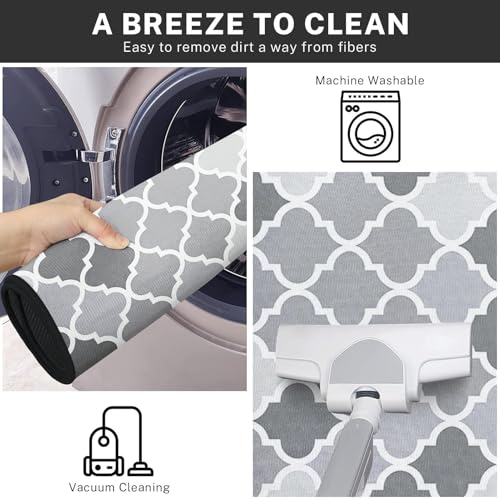 Kitchen Rugs Set of 2 Non Slip WashableGeometric Moroccan - color: Gray Quatrefoil