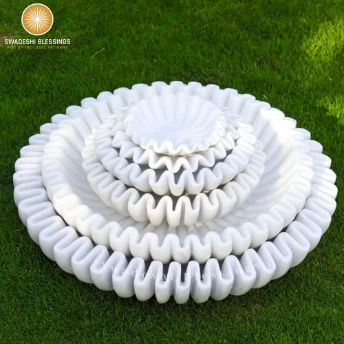 SWADESHI BLESSINGS Handcrafted Marble Ruffle Bowl for Home Decor, 7" - size: 7 Inches