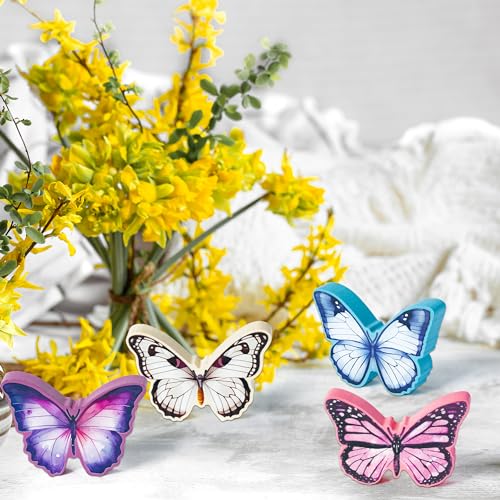 WATINC 4PCS Spring Butterfly Wooden Signs, Summer Tiered Tray Decorations, Double-sided Butterfly Printed Wood Tabletop Centerpiece Sign, Butterflies Farmhouse Rustic Party Decor for Home Kitchen - style: Butterfly