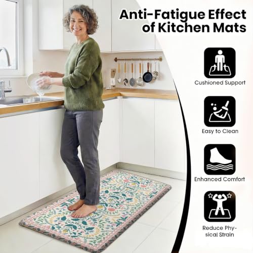Boho Floral Kitchen Comfort Mat 36x20in Anti-Fatigue Kitchen Mats - color: Pink Boho Floral