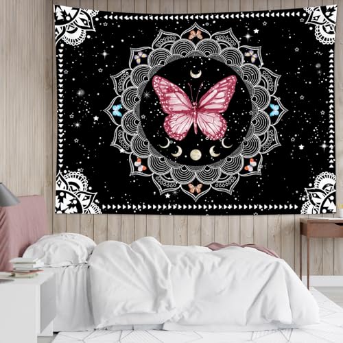 LB Boho Mandala Floral Butterfly Tapestry, Pink Wall Decor, 60Wx40L Inch | Bohemian Moon Phase Aesthetic Tapestry Wall Hanging, Black and White Wall Art Decor, for Bedroom Living Room - color: Pink, size: 40"L x 60"W