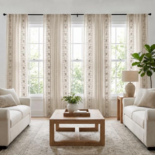 Deconovo Floral Linen Sheer Curtains 96 Inch Long for Living Room 2 Panels - color: Beige/Vine Blossom/Back Tab, size: 50"W x 96"L (Pack of 2)
