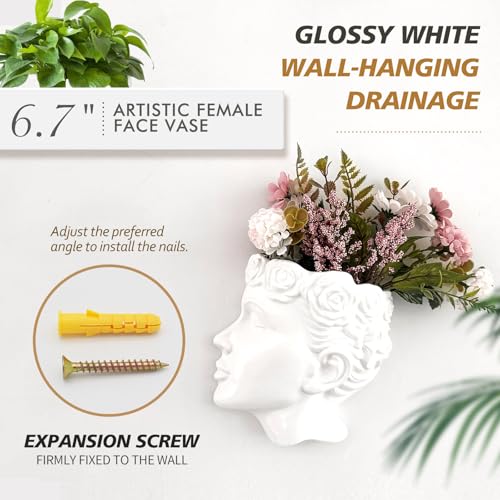 Side-Face Ceramic Planter – Glossy White, Wall-Hanging, with Drainage – 6.7"" Artistic Female Face Vase - color: White Face Planters