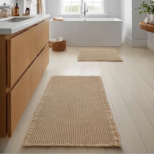 JIUZHEN Set of 2 Waffle Bathroom Rugs Non Slip Bath Mats 16"x24"+24"x48" - color: Brown, size: 16"x24" + 24"x48"