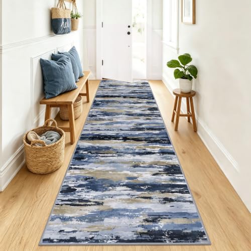Abstract Washable Runners for Hallway 3x12 Runner Rug Non Slip - color: Navy / Blue / Taupe, size: 3' x 12' (Runner)