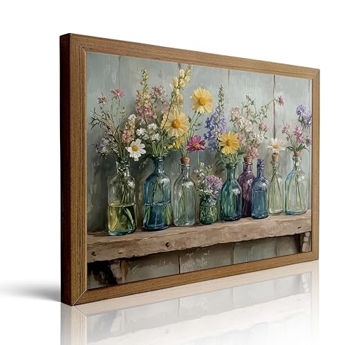 Javsris Vintage Wildflower Wall Art Farmhouse Flower Canvas Wall Art Wildflowers Bottles Wall Decor Rustic Plants Flowers Poster Print Artwork for Bathroom Living Room Bedroom Study Room Home Decoration 8x10in - color: Farmhouse Floral, size: 10"L x 8"W