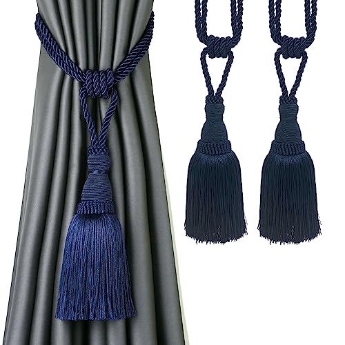 BEL AVENIR 2 Pack Curtain Tiebacks Tassel Drapery Tie-Backs Rope Holdbacks - color: Navy, size: 2 Pack