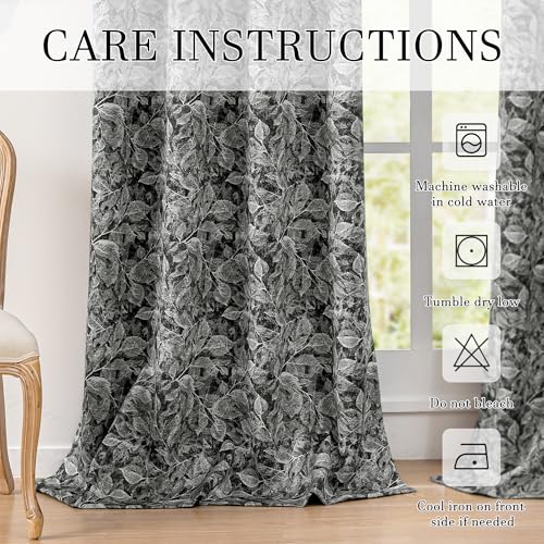 ChrisDowa 100% Black Blackout Floral Curtains 63 Inches Long 2 Panels - color: Leaf | Black, size: 52"W x 63"L (Pack of 2)