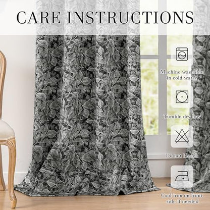 ChrisDowa 100% Black Blackout Floral Curtains 63 Inches Long 2 Panels - color: Leaf | Black, size: 52"W x 63"L (Pack of 2)