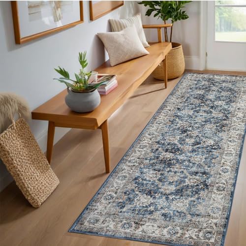 GarveeHome Washable Runner Rug 2.5x10 Entryway Rug, Low Pile Stain Resistant Vintage Floral Floor Carpet, Non Slip & Non Shedding Distressed Oriental Runners for Hallways, Bedrooms, Blue - color: Blue, size: 2'6" x 10' (Rectangular)