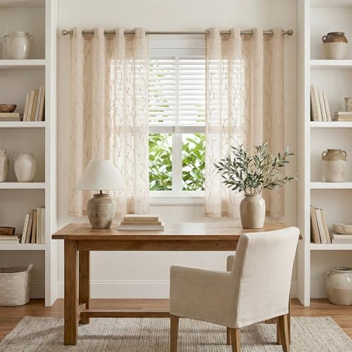 jinchan Beige Leaf Voile Embroidered Curtains 63 Inch Grommet Top 2 Panels - color: Vine Grommet Beige, size: 55"W x 63"L (Pack of 2)