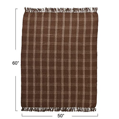 Creative Co-Op Recycled Cotton Blend Throw Blanket with Fringe, Brown Plaid - color: Brown, size: One Size