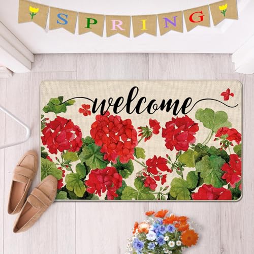 Welcome Spring Geranium Decorative Front Door Mat - color: Red, size: 2' X 2'11" (Rectangular)