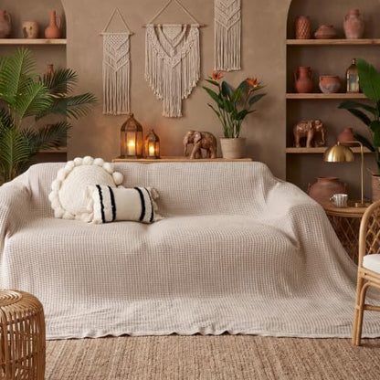 Bedsure 100% Cotton Big Oversized King Blanket, Waffle Weave, Beige - color: 02 Beige, size: Oversized King (120" X 94")