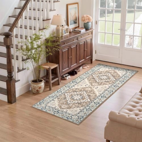 Lofus 2x5 Hallway Kitchen Washable Runner Rug, Boho Entry Long Carpet Brown - color: Floral Brown, size: 2' x 5' (Runner)