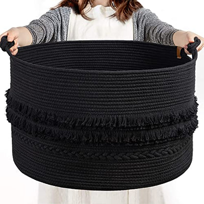 CherryNow 90L Large Woven Rope Blanket Basket with Tassel, 22" x 14", Black - color: Black, size: 83L (22"W x 14"H)