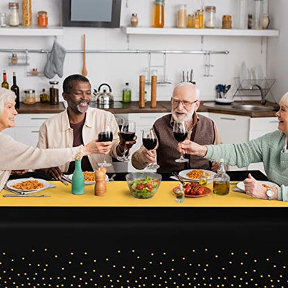 12Pack Disposable Plastic Tablecloths and Satin Table Runner Set Black and Gold Dot Tablecloth Gold Satin Table Runner for Wedding Birthday Baby Shower Anniversary Christmas New Year Party Supplies - color: Black and Gold, size: 12 Pack