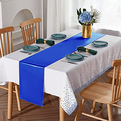 8Pack Disposable Plastic Tablecloths and Satin Table Runner White and Royal Blue Dot Tablecloth Blue Satin Table Runner for Wedding Birthday Baby Shower Anniversary Christmas New Year Party Supplies - color: White and Blue, size: 8 Pack