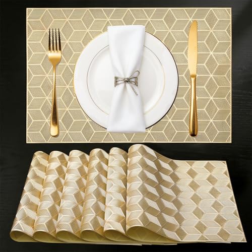 Quantum Love Geometric Gold PVC Placemats Set of 6 Heat Resistant Non-Slip Washable Dinning Kitchen Table Mats, Wipeable Square Cube Place Mats for Party Events Restaurant Wedding Home - color: Gold Cube
