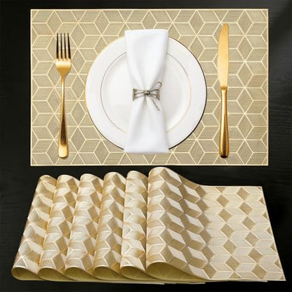 Quantum Love Geometric Gold PVC Placemats Set of 6 Heat Resistant Non-Slip Washable Dinning Kitchen Table Mats, Wipeable Square Cube Place Mats for Party Events Restaurant Wedding Home - color: Gold Cube