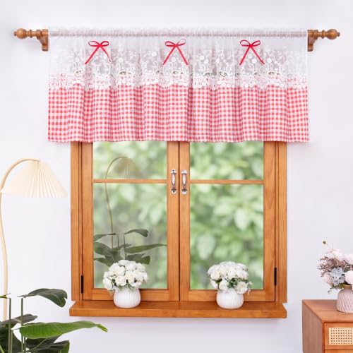 Red Gingham Valance Lace Curtain for Small Window Shabby Chic 60Wx18L - color: Red Gingham, size: 60"W x 18"L (Pack of 1)
