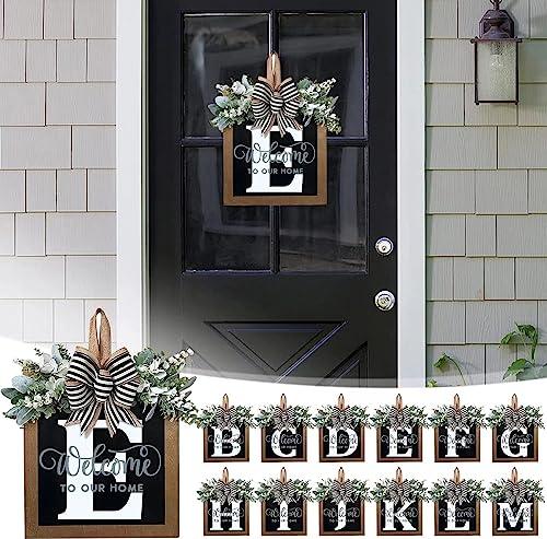Last Name All Year Round Front Door Wreath with 26 Initial Letter Welcome Sign All Seasons Eucalyptus Garland and Bow ，Farmhouse, Porch, for Spring Summer Fall All Seasons Holiday Halloween Christmas.（E） - color: E
