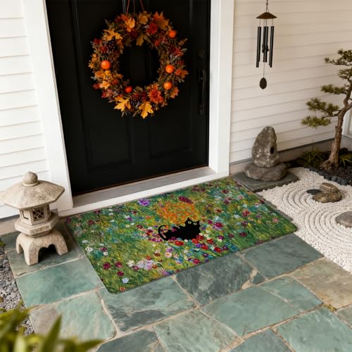 Funny Black Cat Front Door Mat Outside Entrance - Welcome Mats Cute for Patio, Wildflower Decorative Door Mats for Indoor Outdoor Porch Inside Entryway, Housewarming Gifts Idea for Cat Lovers - color: Doormat016
