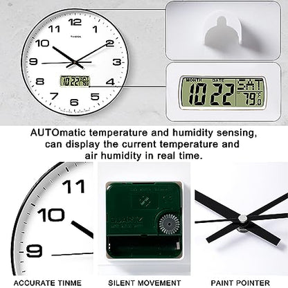 TIMESS 14-Inch Non-Ticking Analog Wall Clock with LCD Display, Black - color: Black, size: 14 Inch