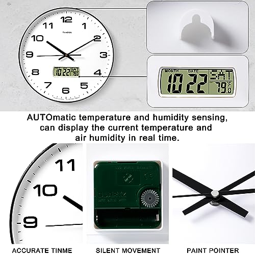 TIMESS 14-Inch Non-Ticking Analog Wall Clock with LCD Display, Black - color: Black, size: 14 Inch