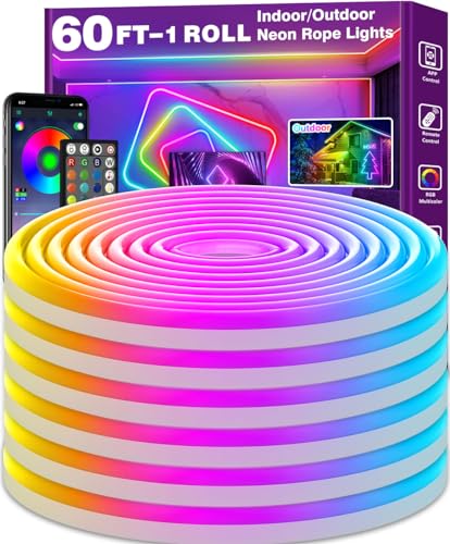 AILBTON 60FT Neon Rope Lights, RGB LED Strip Lights, Waterproof IP67 LED Lights for Bedroom, DIY Design, Music Sync, Remote Control, Multiple Modes for Bedroom - size: 60FT
