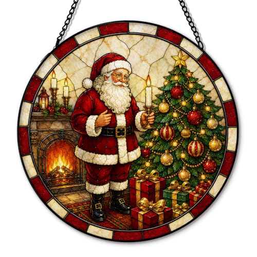 Christmas Tree Santa Suncatcher Stained Glass Window Hanging, Cozy Winter Christmas Santa Claus Sun Catchers Indoor Window Glass Round Wall Decor, Xmas Wall Art Hanging Decorations, 7.8x7.8in - color: Candle