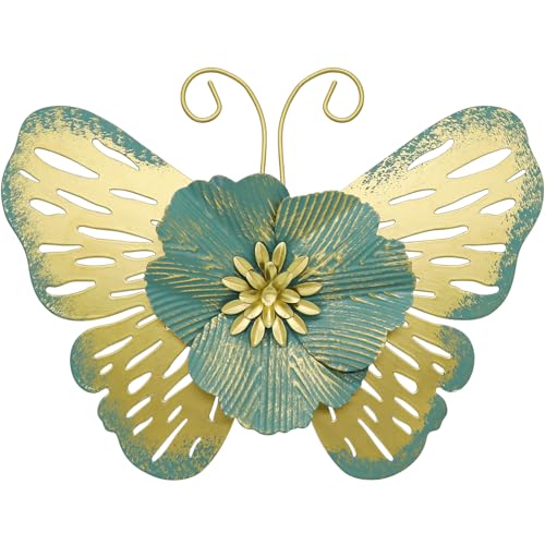 JinKune 12'' Butterfly Wall Decor 3D Double Layered Butterfly Leaf Floral Wall Art, Metal Wall Hanging Home Decorations Wall Sculpture Decor For Living Room Bedroom Kitchen Dining Room, Gold-Green - color: Gold-Green