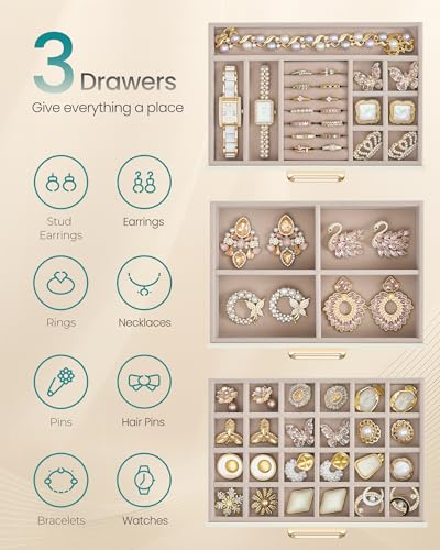 SONGMICS 3-Layer Jewelry Box with Glass Window, 3 Drawers, Golden Handles - color: Cream White, size: 3-Tier