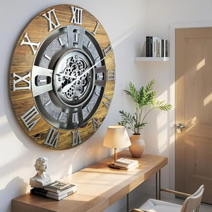 ImprovingLife The Gears Clock Real Moving Gear Wall Clock England Line (Wood & Stone, 24 inches (60 cm)) - color: Wood & Stone, size: 24 inches (60 cm)