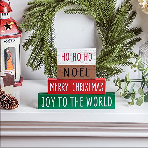 Blulu 4 Pieces Christmas Wooden Block Sign Red White Green Brown Table Centerpieces Farmhouse Tabletop Christmas Ornaments for Home Shelf Mantel Fireplace Table Windowsill Decor