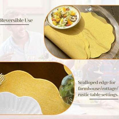 AHHFSMEI Round Scalloped Placemats Set of 6 15 Inch Faux Linen - color: Yellow