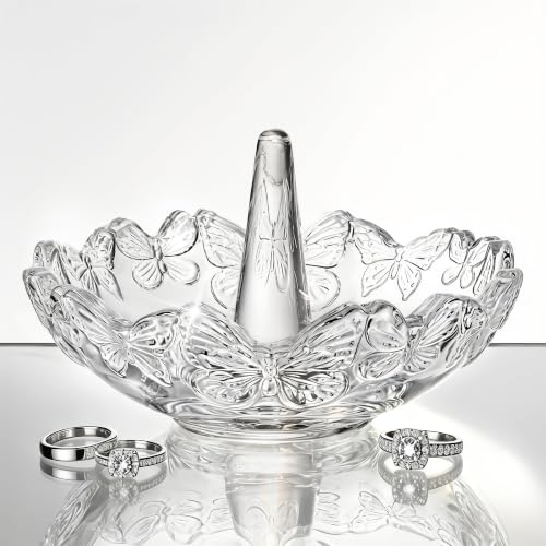 4" Crystal Ring Holder Dish, Glass Jewelry Tray, Decorative Trinket Tray - color: Clear,butterfly
