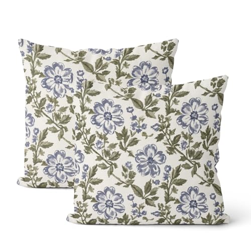 CXMEIFLY Boho Blue Green Floral Pillow Covers 18 x 18 Inch Set of 2 Vintage Block Print Flower Outdoor Decor Throw Pillows Neutral Antique Linen Farmhouse Decorative Pillowcases for Couch Bed Sofa - color: Blue Green, size: 18" x 18" (Pack of 2)