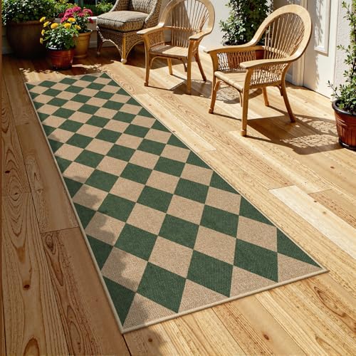 Lahome Checkered Easy Jute Kitchen Runner Rug, 2x8 Outdoor Rugs Washable - color: Deep Green/Nature-2, size: 2'6" x 8' (Runner)