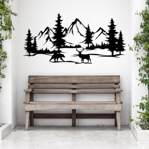 DecoSoul Mountain & Forest Metal Wall Art - Extra Large Farmhouse Wall Decor, Pine Tree & Bear Outdoor Metal Sign, Mountain Range View, Housewarming Gift - style: Mountain, Forest, Bear and Deer