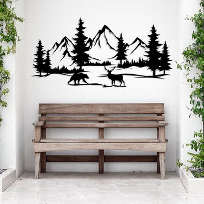 DecoSoul Mountain & Forest Metal Wall Art - Extra Large Farmhouse Wall Decor, Pine Tree & Bear Outdoor Metal Sign, Mountain Range View, Housewarming Gift - style: Mountain, Forest, Bear and Deer