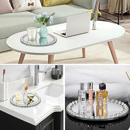 Hipiwe Mirror Glass Vanity Tray Sparkling Crystal Perfume Tray Round Decorative Tray Gorgeous Makeup Organizer Tray Jewelry Trinket Tray for Bathroom Dresser Table, 10.6 inch