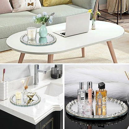 Hipiwe Mirror Glass Vanity Tray Sparkling Crystal Perfume Tray Round Decorative Tray Gorgeous Makeup Organizer Tray Jewelry Trinket Tray for Bathroom Dresser Table, 10.6 inch