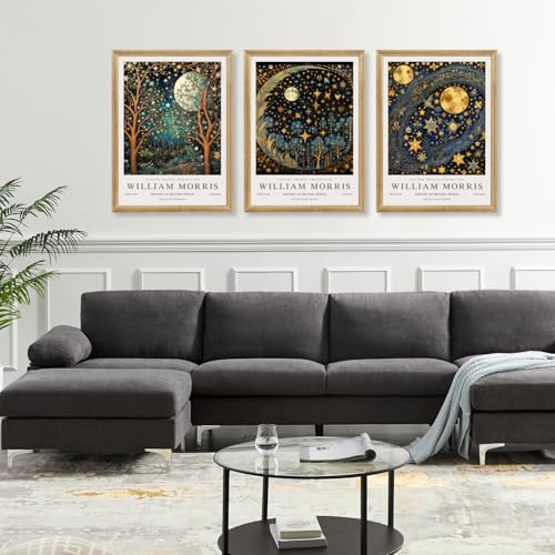 Hianan Wood Framed William Morris Moon Star Wall Art Set of 3, 12x16 in - color: Dark Blue,Gold(Wood), size: 16"L x 12"W