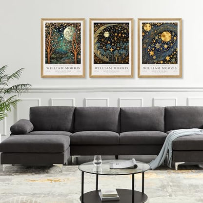 Hianan Wood Framed William Morris Moon Star Wall Art Set of 3, 12x16 in - color: Dark Blue,Gold(Wood), size: 16"L x 12"W