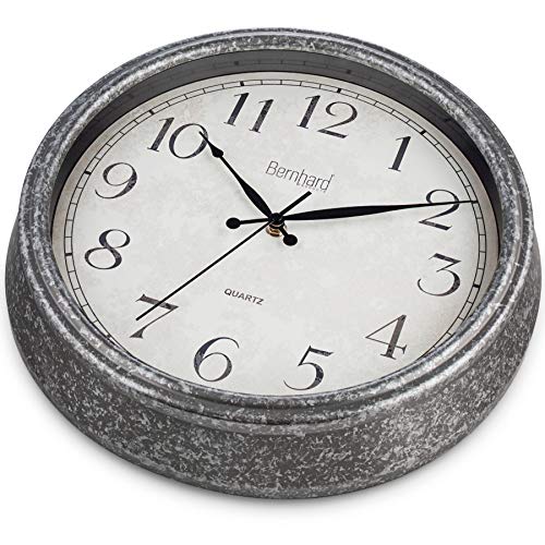 Bernhard Products Rustic Wall Clock 14 Inch Silent Non Ticking, Quartz Battery Operated Decorative Textured Rustic Farmhouse Gray Easy to Read, for Home Kitchen Office